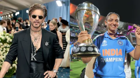 The Met Museum/Vogue/Getty Split screen image of actor Shah Rukh Khan at the Met Gala in New York and cricketer Harmanpreet Kaur after the World Cup win in Mumbai
